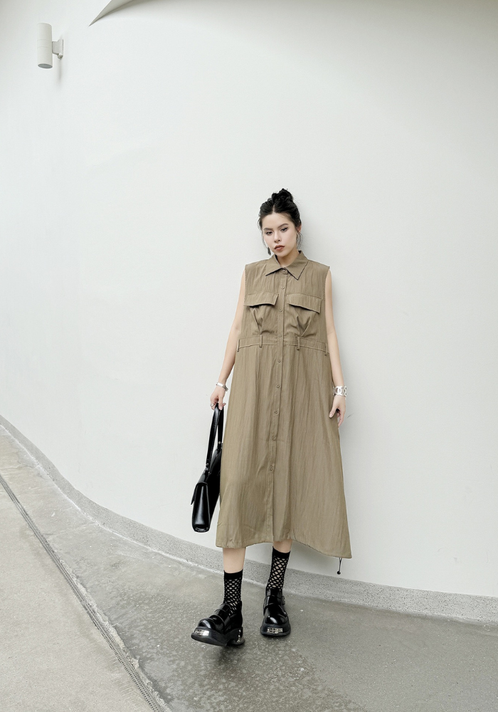 [Korean style Polo collar cardigan vest dress]