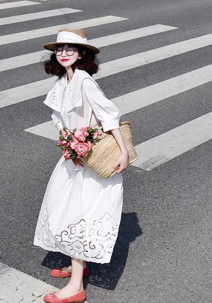 [Xiaoxiangfeng Hollow White Shirt Skirt Suit]