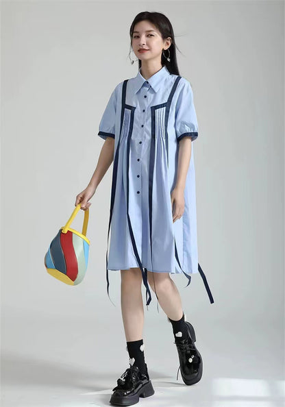 撞色飄帶拼接連身裙