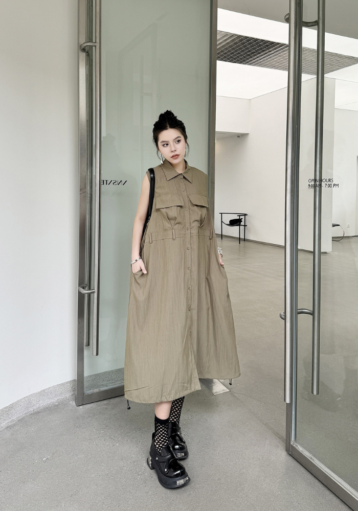 [Korean style Polo collar cardigan vest dress]