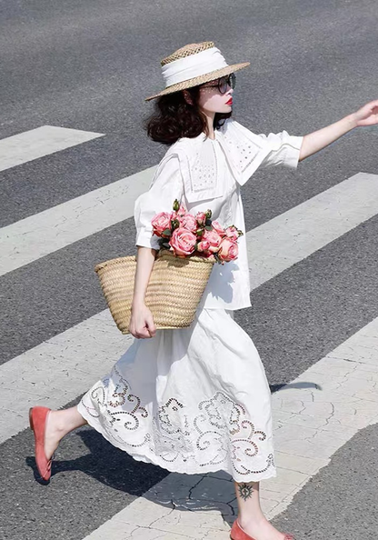 [Xiaoxiangfeng Hollow White Shirt Skirt Suit]