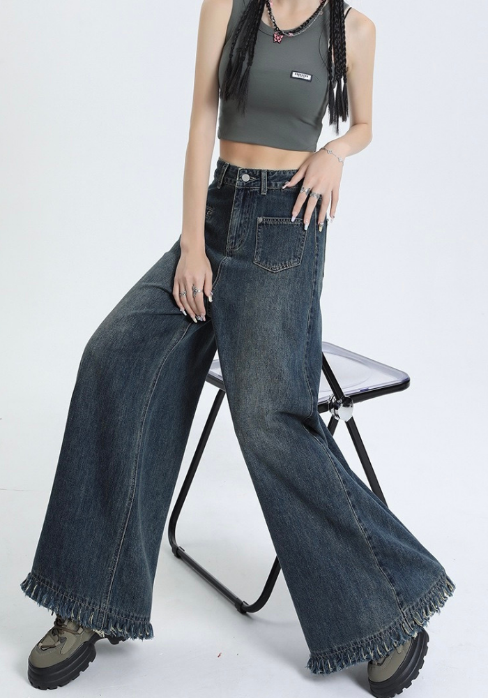 Fringed raw edge floor-length jeans