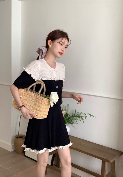 Contrast color knitted lace top + skirt set