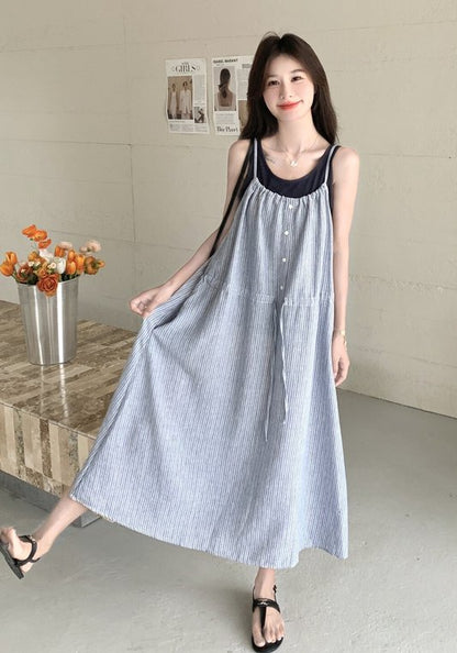 黑籃假兩件吊帶裙