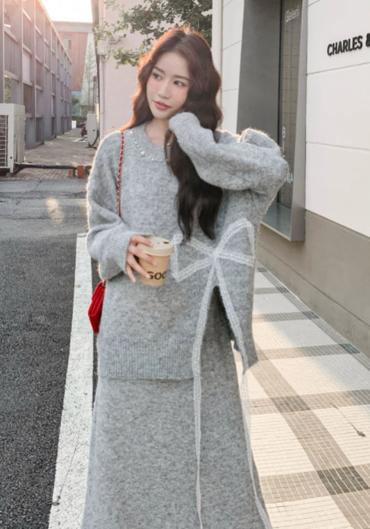 淺灰蝴蝶結裙套裝