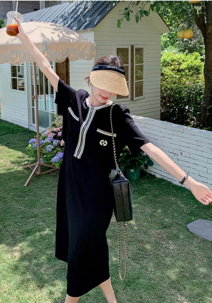 黑色小香風假兩件連身裙