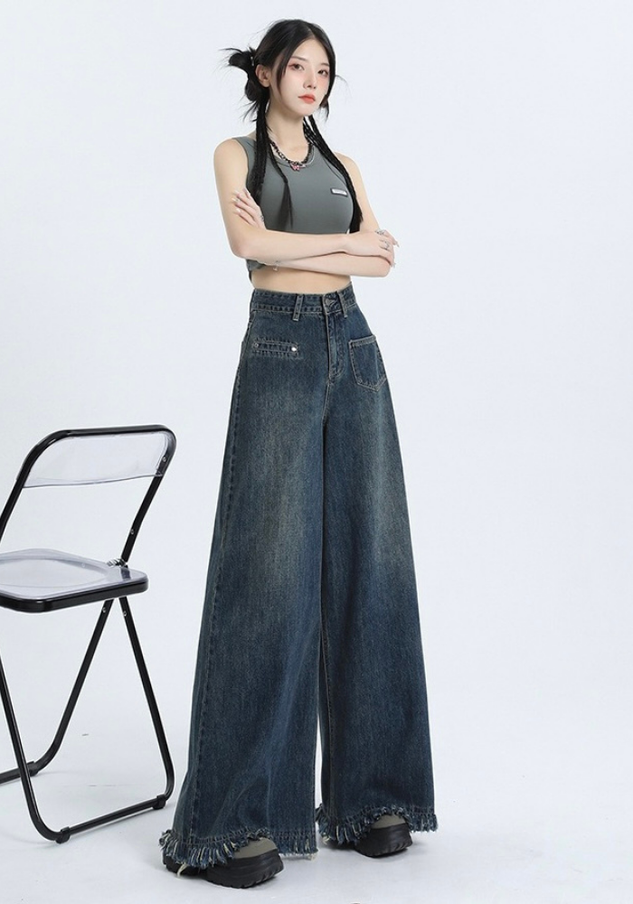 Fringed raw edge floor-length jeans