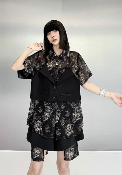[Retro fake two-piece shirt + shorts set]