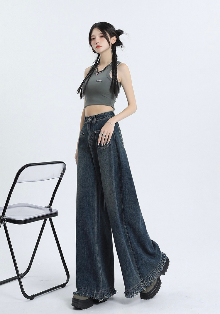 Fringed raw edge floor-length jeans