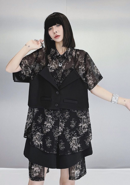 [Retro fake two-piece shirt + shorts set]