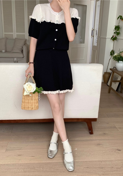 Contrast color knitted lace top + skirt set