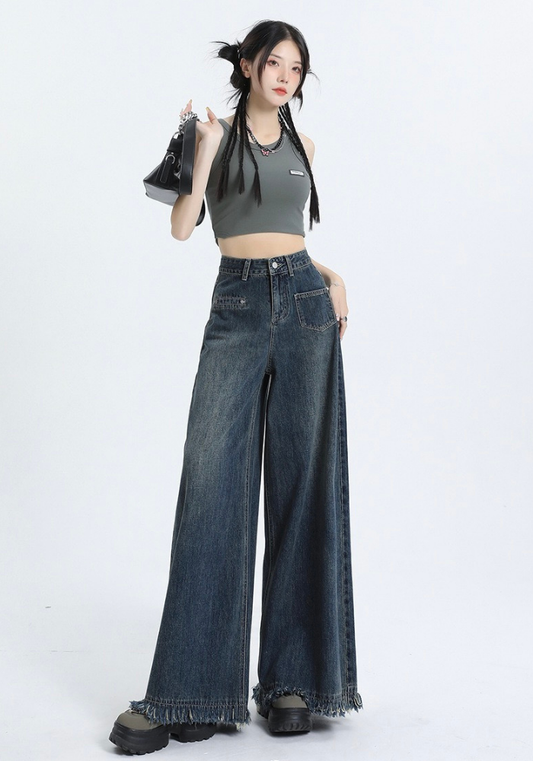 Fringed raw edge floor-length jeans