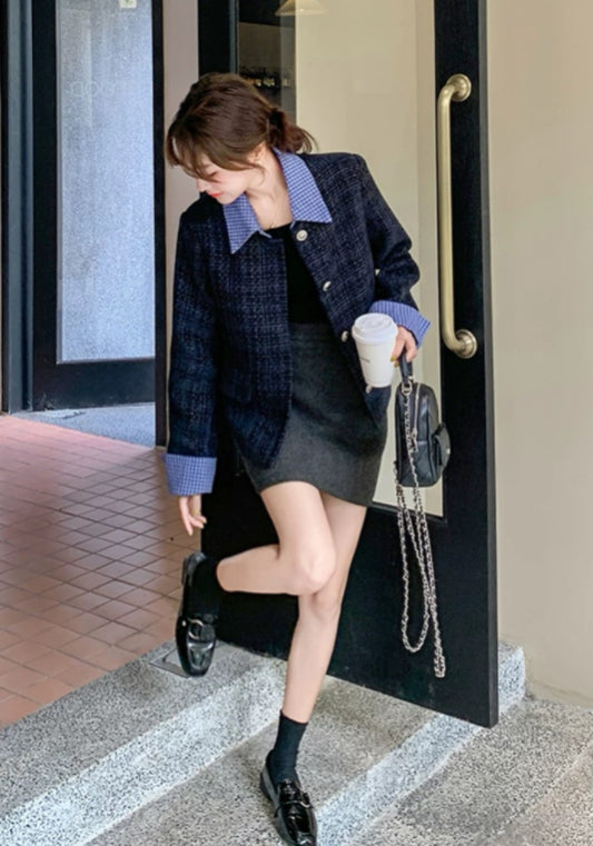 深藍格領小香風外套