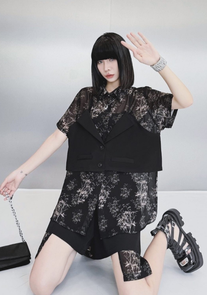 [Retro fake two-piece shirt + shorts set]