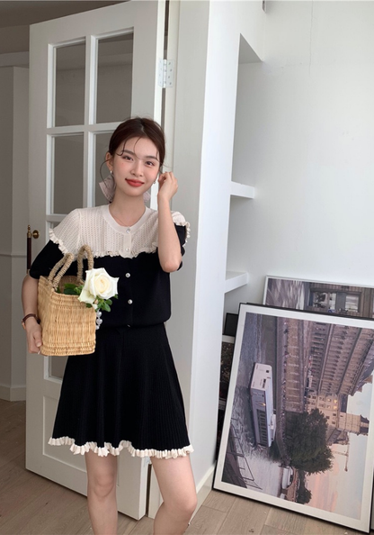 Contrast color knitted lace top + skirt set