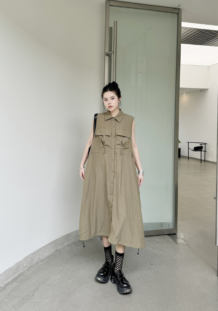 [Korean style Polo collar cardigan vest dress]