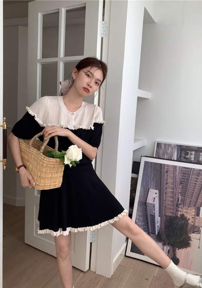 Contrast color knitted lace top + skirt set