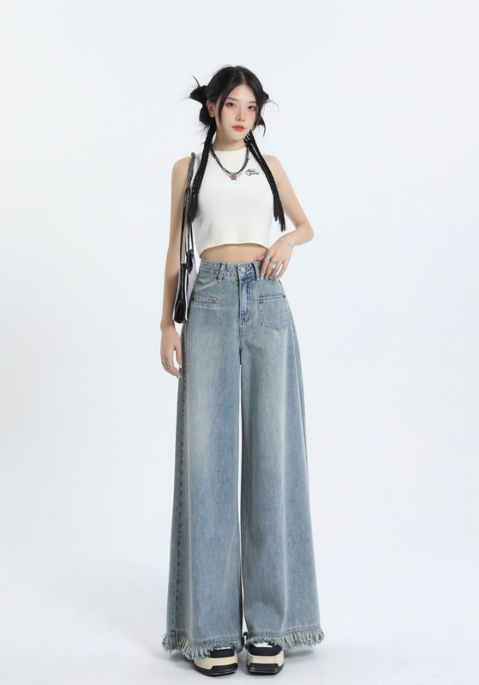 Fringed raw edge floor-length jeans