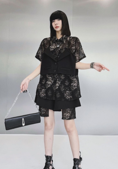 [Retro fake two-piece shirt + shorts set]