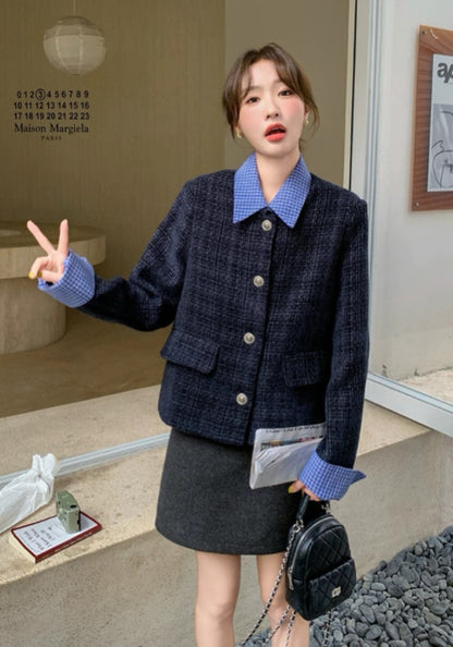 深藍格領小香風外套