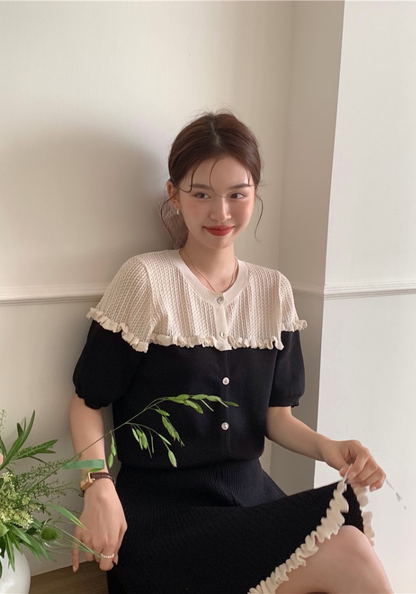 Contrast color knitted lace top + skirt set