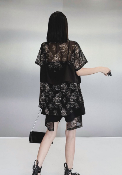 [Retro fake two-piece shirt + shorts set]