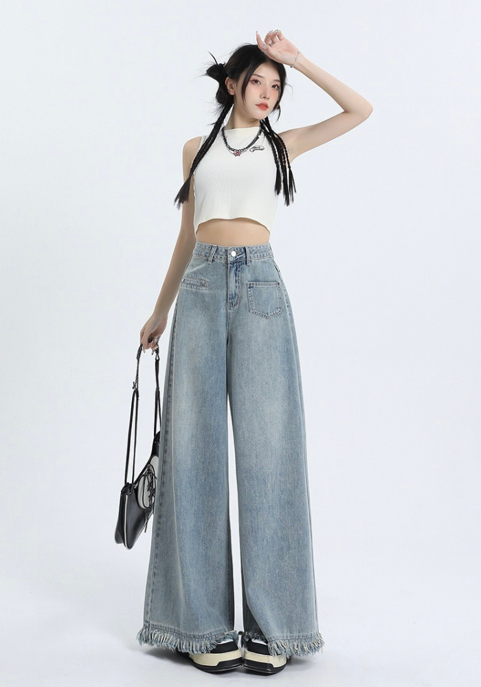 Fringed raw edge floor-length jeans