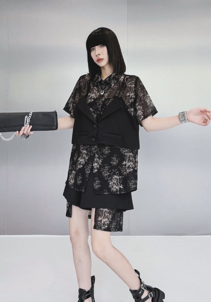 [Retro fake two-piece shirt + shorts set]