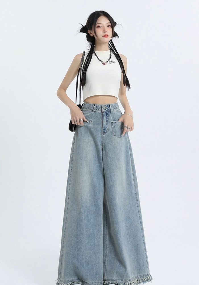 Fringed raw edge floor-length jeans