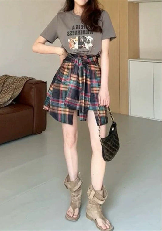 彩色格仔裙褲