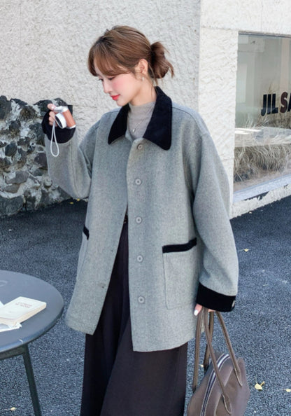 Gray and black color-blocked wool coat