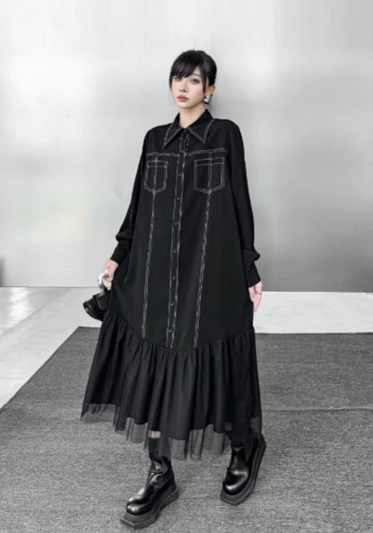 線條網紗拼接黑裙