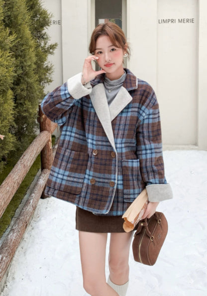 Blue plaid wool coat