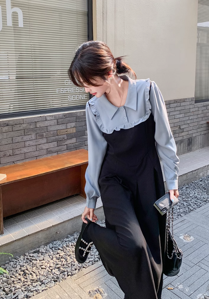 Fake two piece blue shirt dress