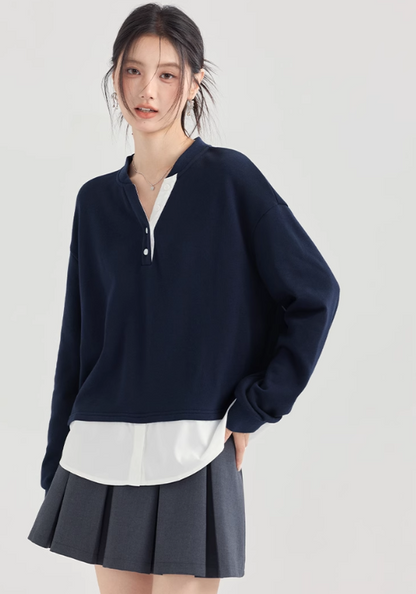 Fake two-piece black and white contrasting sweatshirts