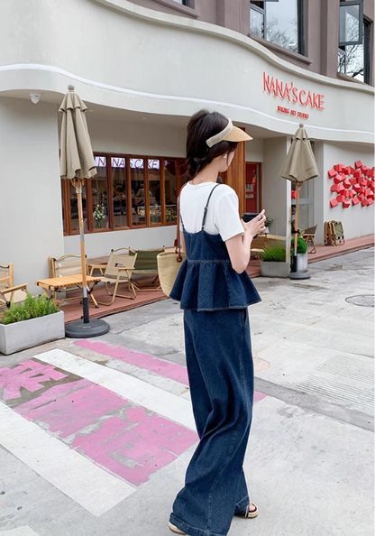 Ruffled denim three-piece suit