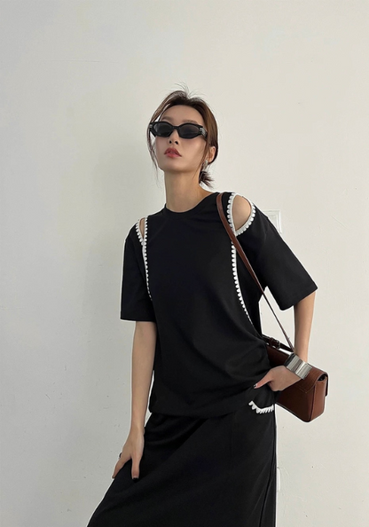 New Black Off-Shoulder T+ Slit Skirt Set