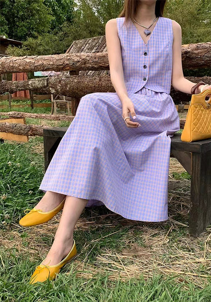Retro checkered vest suit