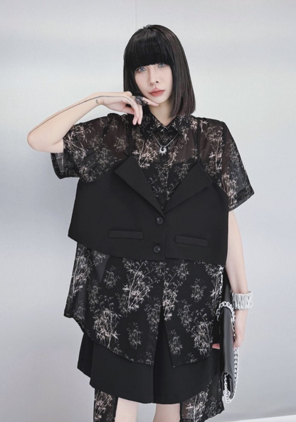 [Retro fake two-piece shirt + shorts set]