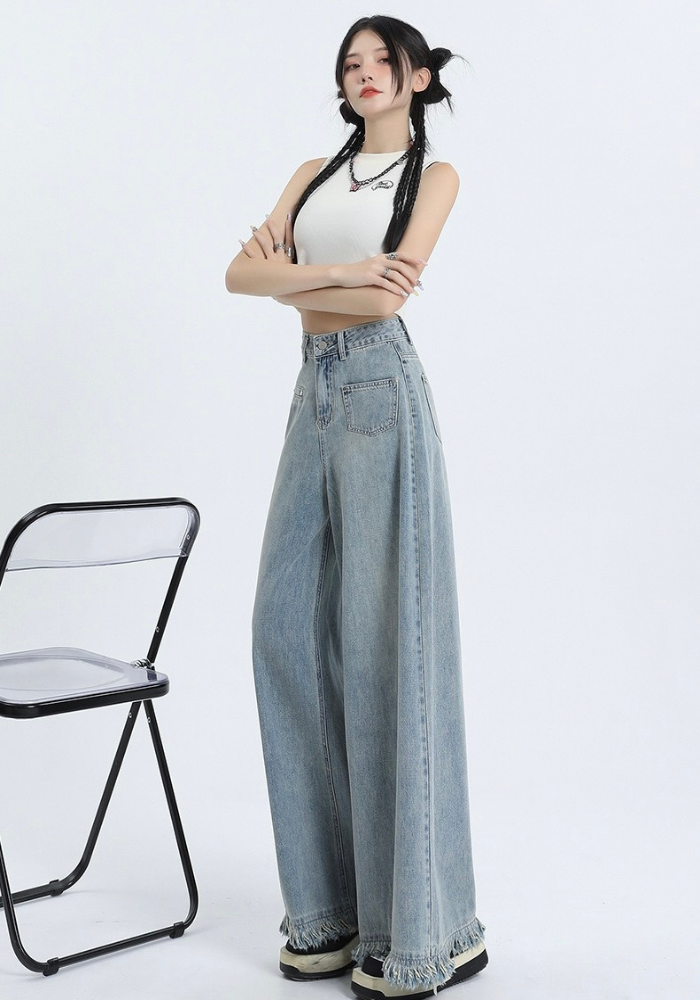 Fringed raw edge floor-length jeans