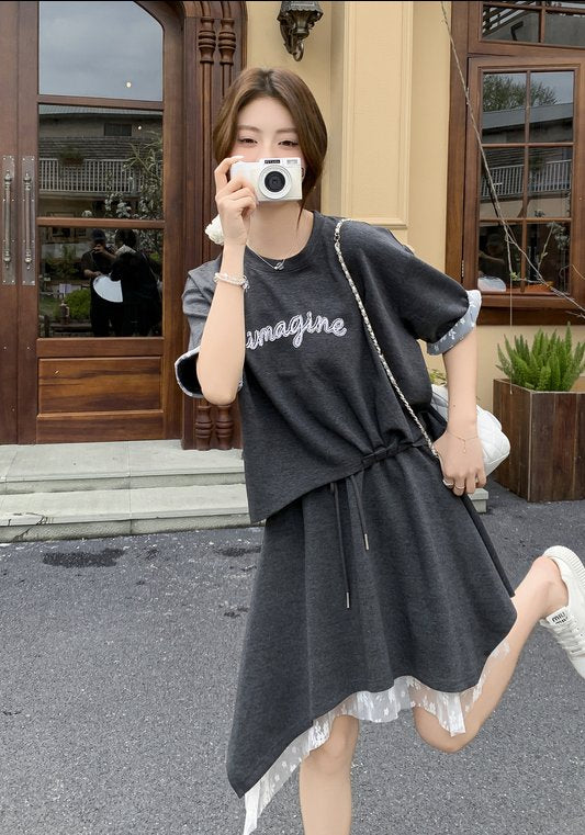 深灰收腰拼接套裝
