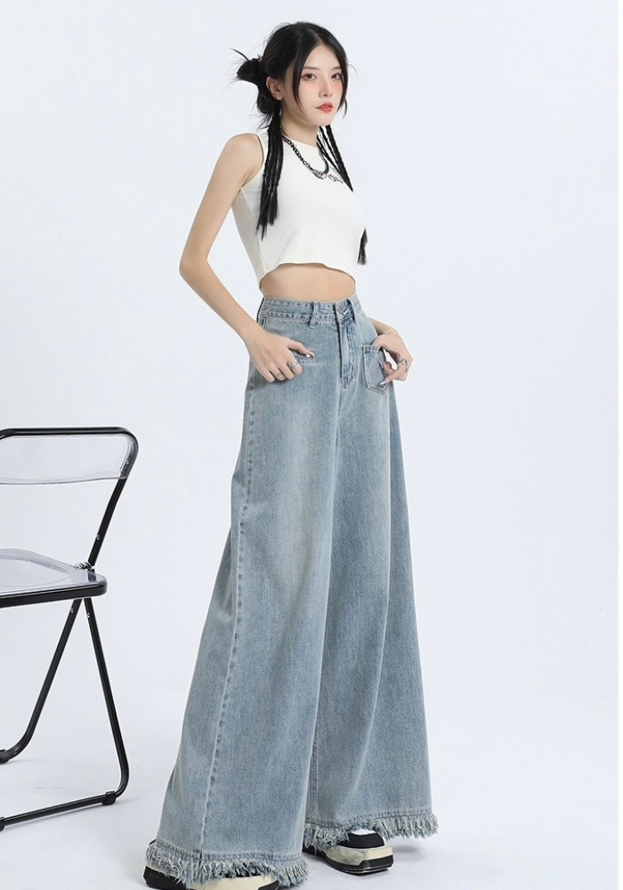 Fringed raw edge floor-length jeans