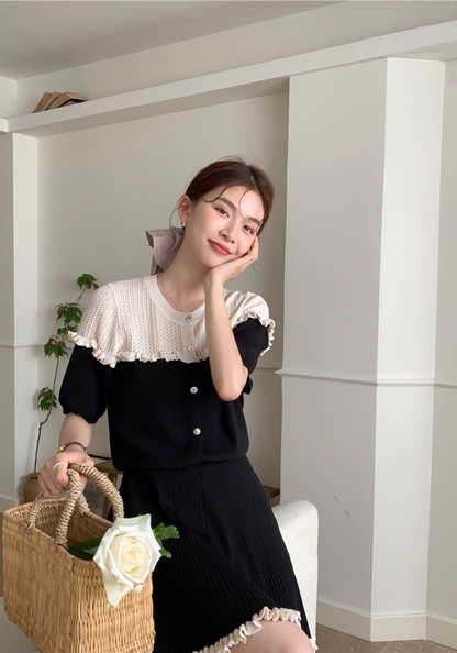 Contrast color knitted lace top + skirt set