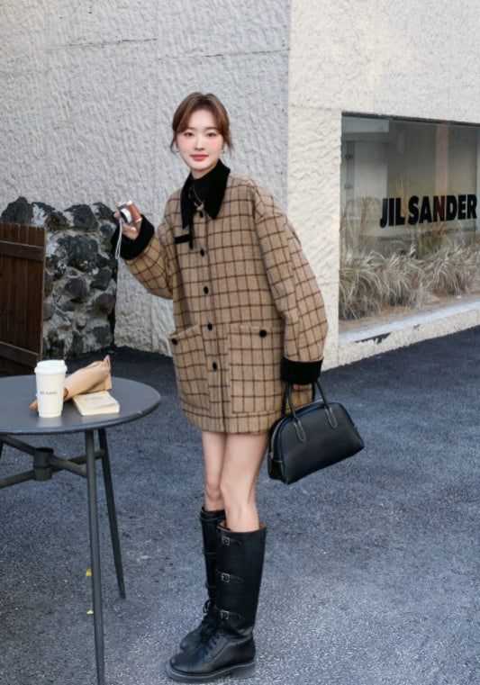 卡其格仔羊毛外套