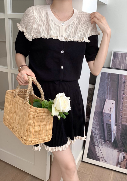 Contrast color knitted lace top + skirt set