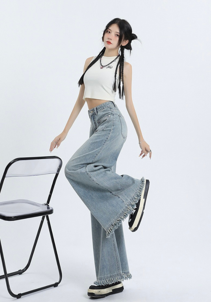 Fringed raw edge floor-length jeans