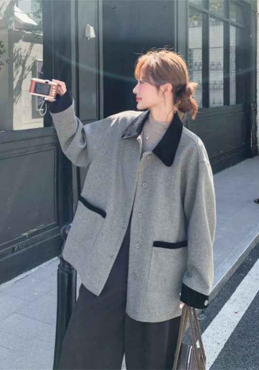 Gray and black color-blocked wool coat