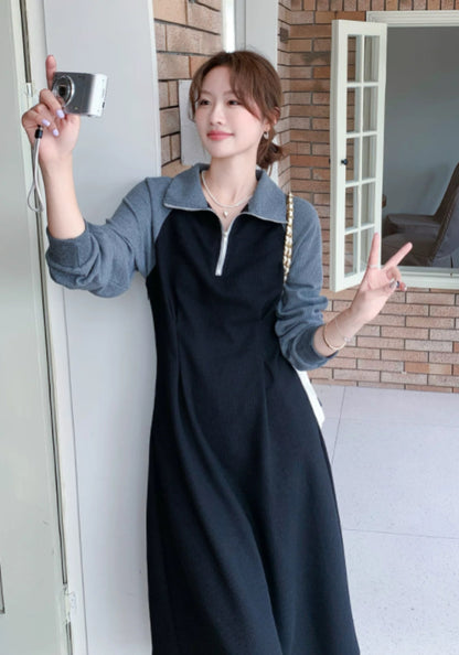 黑灰拼接連身裙