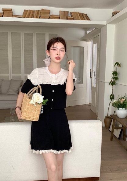 Contrast color knitted lace top + skirt set