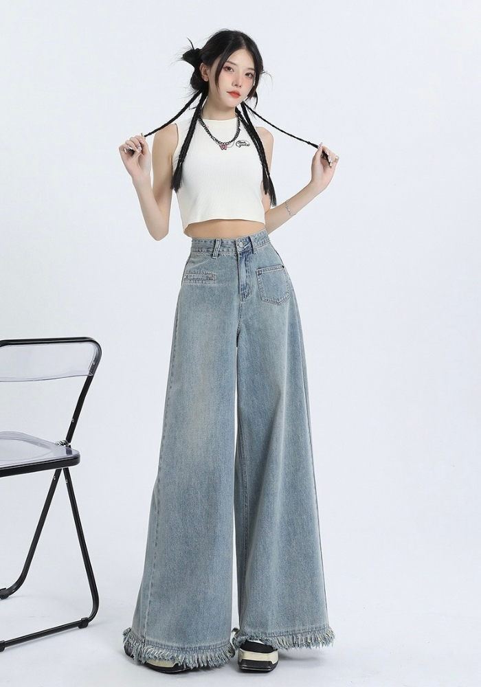 Fringed raw edge floor-length jeans